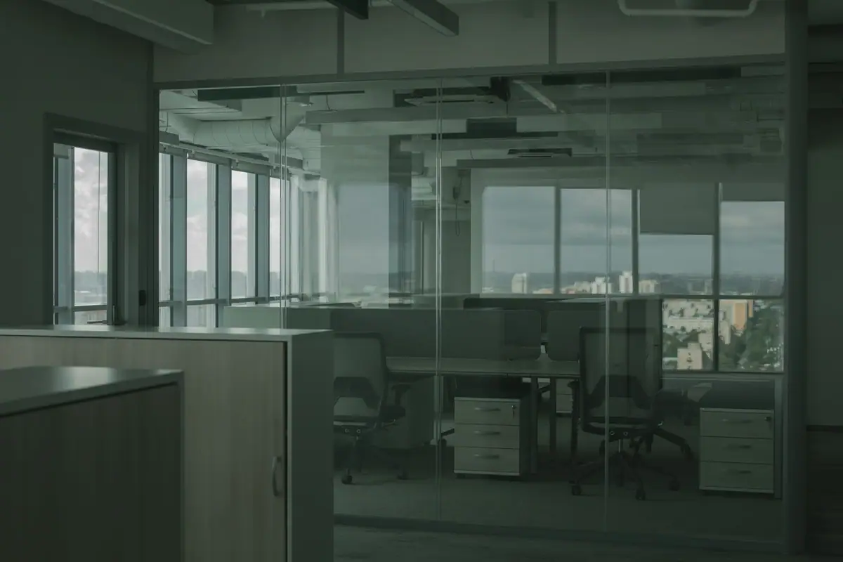 Quiet modern office with glass partitions and a view of the city