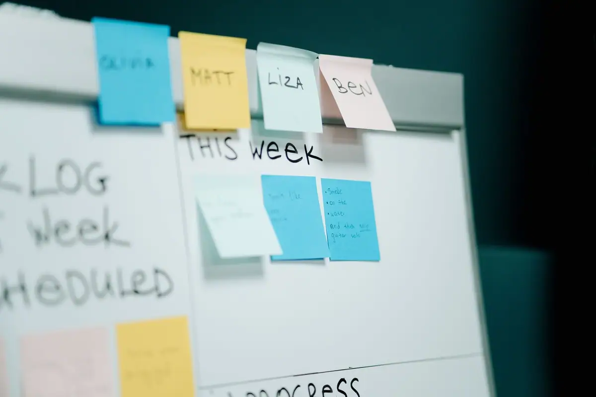 Whiteboard with coloured sticky notes organizing tasks for the week