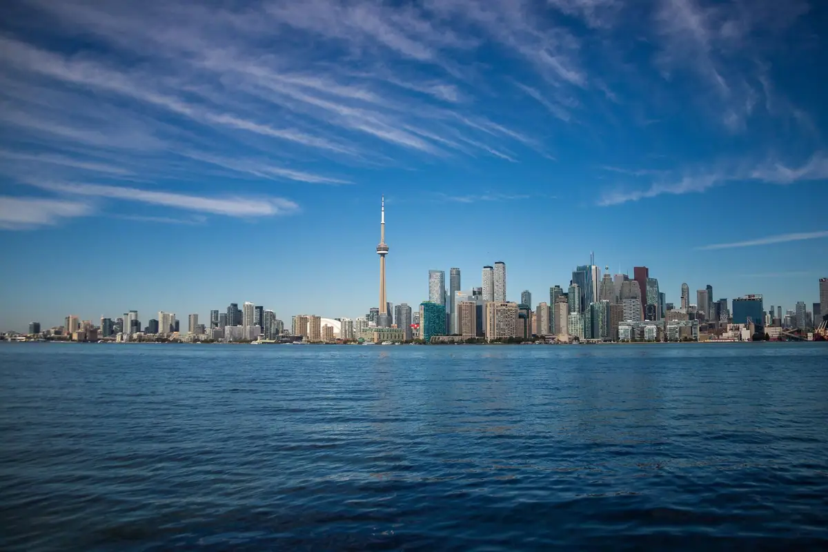 Toronto skyline and the CN Tower seen across Lake Ontario on a clear day